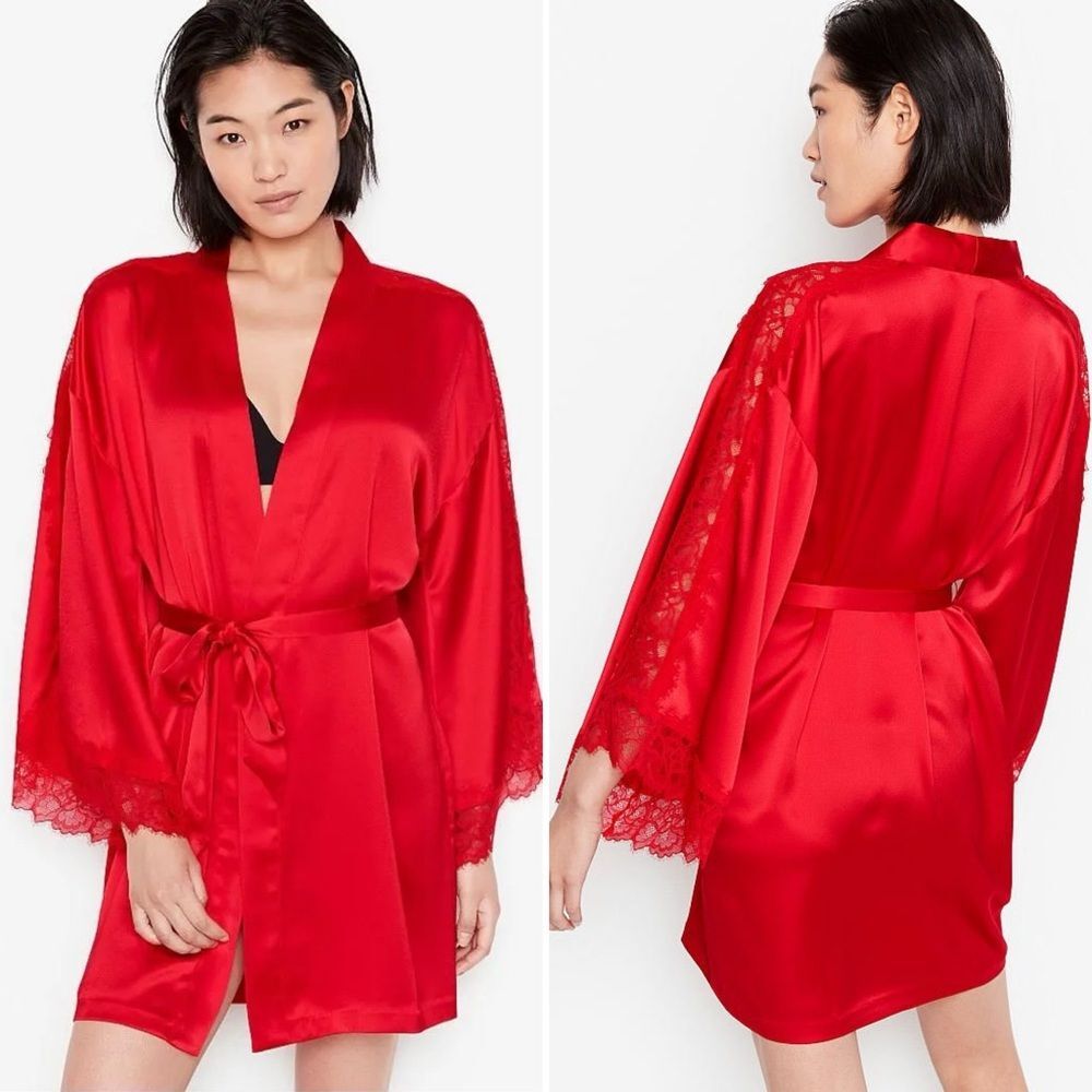 Victoria's Secret True Wrap Short Robe Kimono Lace Details Red XS / S